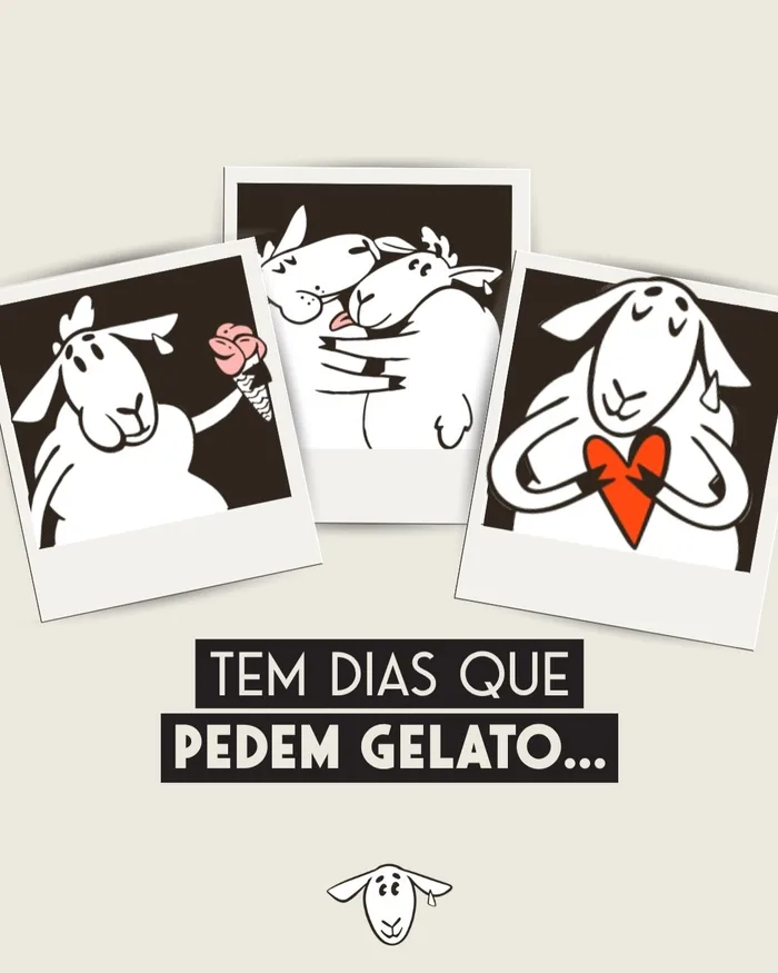 Ilustração de polaroids da ovelha Béé com gelato